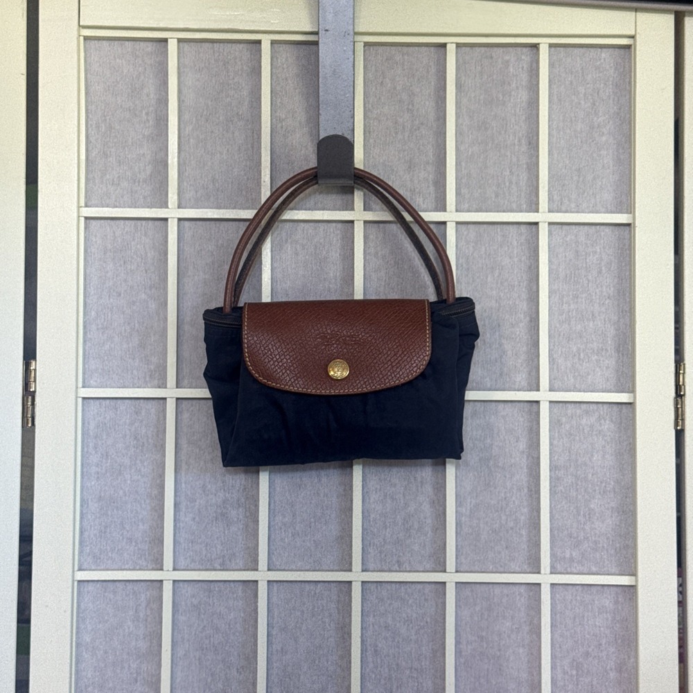 Longchamp Le Pliage Mini Packable Tote Bag Purse Navy Blue Brown Pouch